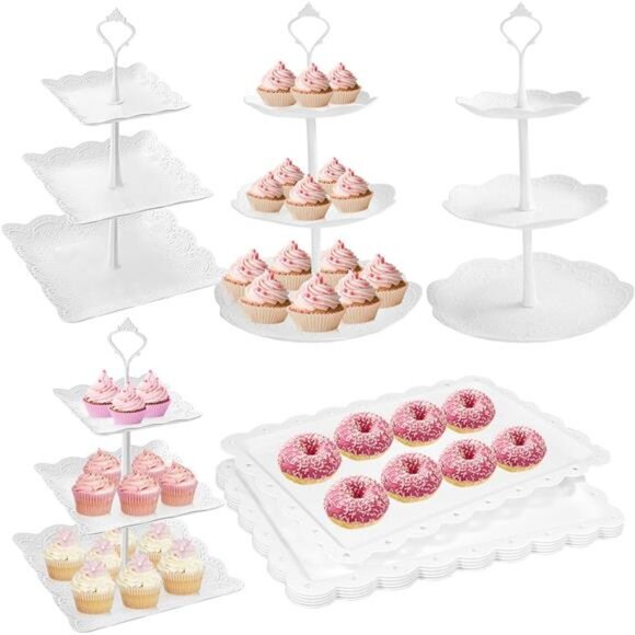 10 Pcs Cake Stand White Plastic Dessert Table Stand Set 4 Pcs 3 Tired Cupcake
